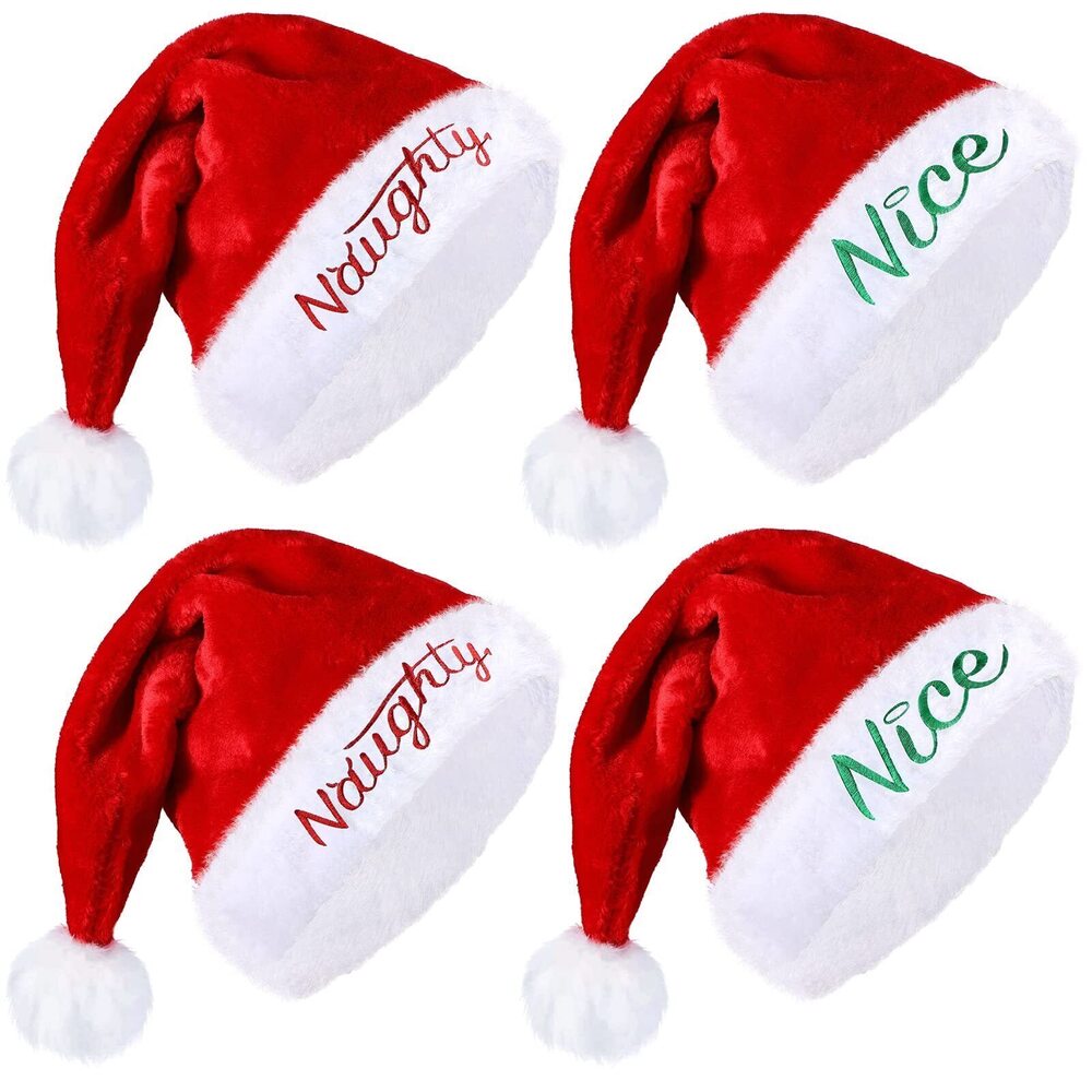 3154 4 Pieces Naughty and Nice Plush Christmas Santa Hats Embroidered Plush